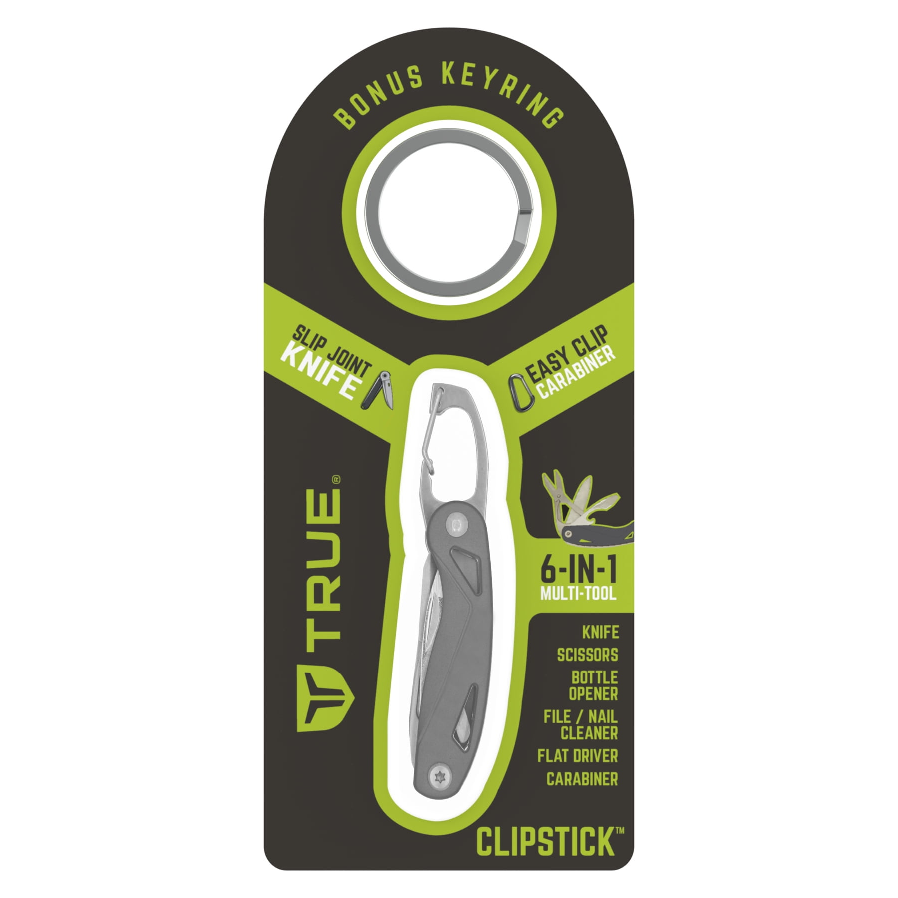 TRUE 6-in-1 Stainless Steel Keychain Multi-Tool with Carabiner Clip, Silver