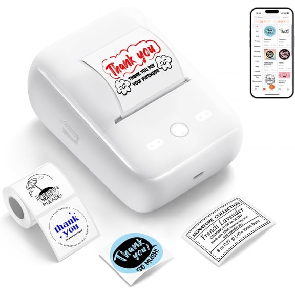 6-in-1 Label Printer & Sticker Printer, Thermal Printer for Phone & PC, 2-Color Printing with Auto-Center Alignment, Barcode, Custom Labels, Address & Logo Labels, 1 Roll Included