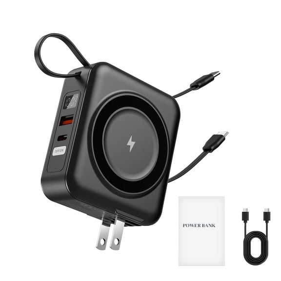 6-in-1 Magnetic Power Bank, 10000mAh, 22.5W PD Fast Charge, Built-in Cables & AC Plug, MagSafe Compatible for iPhone, Samsung & Android