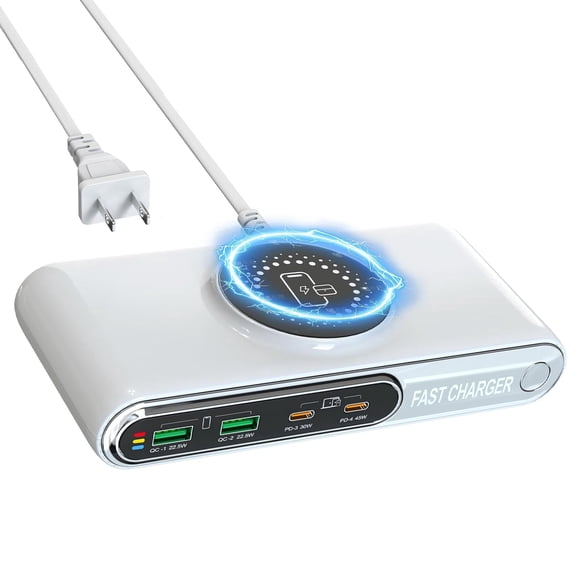 6-in-1 Magnetic Wireless Charging Station, 72W Desktop Charger with PD45W USB-C & QC3.0, 4-Ports Fast Charging Block with LED Color Night Light Compatible with iPhone, Samsung, iPad, Laptop, Tablets