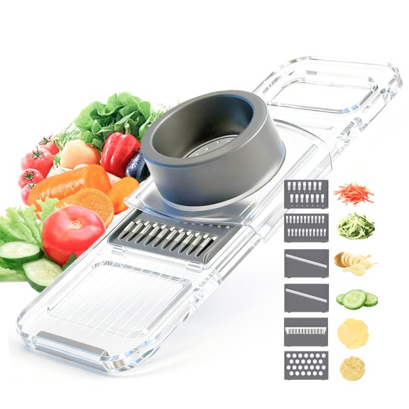 6-in-1 Mandoline Slicer for Kitchen - Easy to Use Vegetable Chopper & Compact Julienne Slicer with Safe Guard & Crystal Clear Body - Handheld Food Slicer Cutter for Healthy Salad, Potato, Onion
