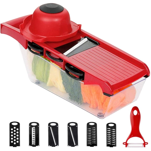 6-in-1 Mandoline Slicer, Multi-Function Fruit and Vegetable Cutter, Replaceable Stainless Steel Blades, with Food Container, Potato Peeler