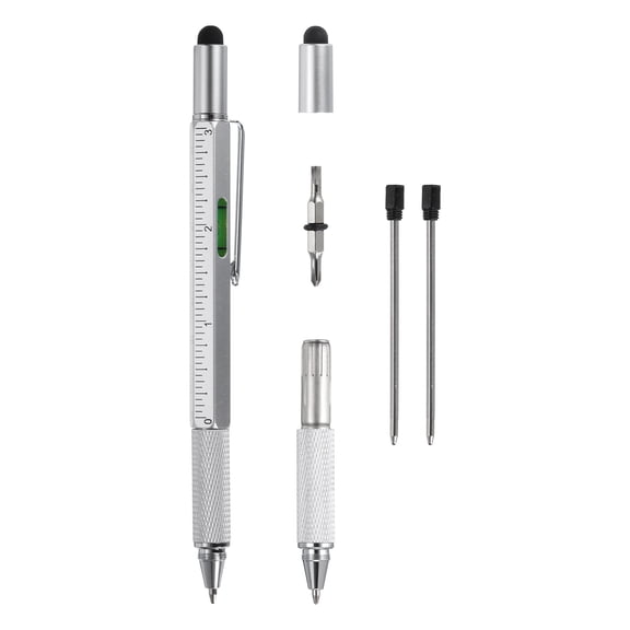 6 in 1 Metal Multitool Tech Tool Pen Gifts for Men with Ballpoint Pen, Ruler, Screwdriver, Stylus, Refills, Silver