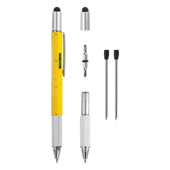 6 in 1 Metal Multitool Tech Tool Pen Gifts for Men with Ballpoint Pen, Ruler, Screwdriver, Stylus, Refills, Yellow