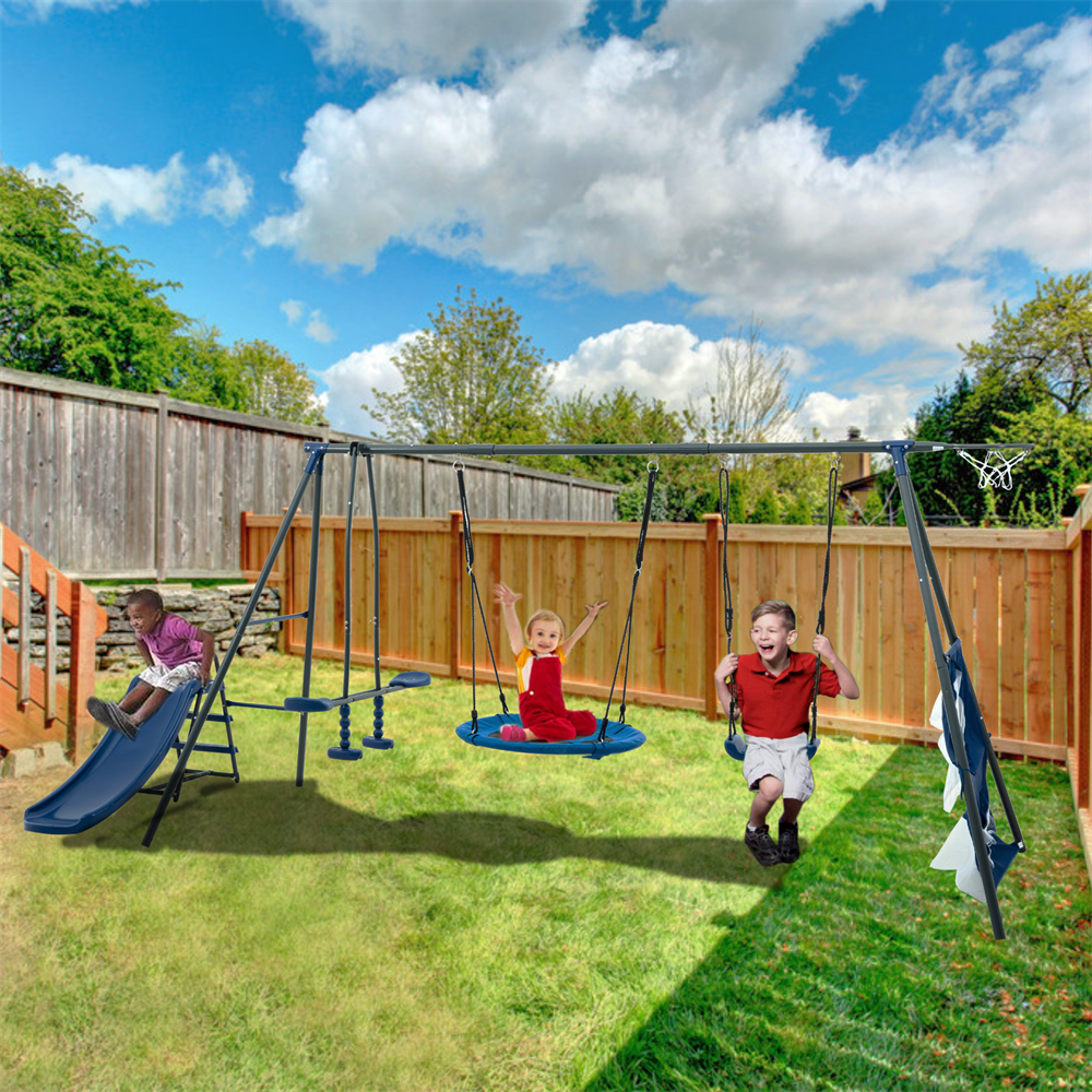 Free Shipping Metal Swing Sets for Backyard Heavy Duty Outdoor Kids Playsets for Playground Outside Toys with 2 Swings Trapeze Bar and Basketball Hoop for Aged 3 12 Walmart