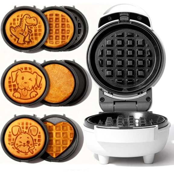 6-in-1 Mini Waffle Maker With Removable Plates, 4.5'' Mini Waffle Iron for Holidays, Parties & Events Waffle Maker Machine, 8 Plates with  Ceramic Coating, White