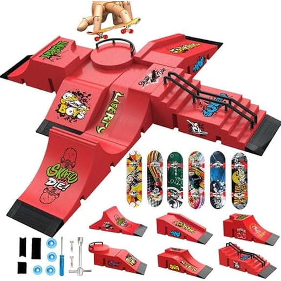 6-in-1 Modular Finger Skateboard Park Ramp Kit, Finger Skateboard Park, Mini Finger Board Skate Training for Fast Tricks & High Jumps, Beginner Practice Set for Adults
