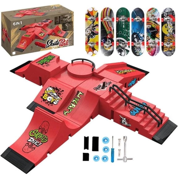 6-in-1 Modular Finger Skateboard Park Ramp Kit  Fingerboards for Kids and Adults, Complete Mini Skateboard Training Set with Rails, Ramps & Obstacles for Beginners, Cool Tricks & High Jumps (Red)T