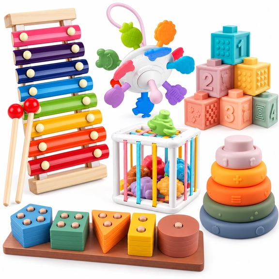 Rirool 38-Piece 6-in-1 Montessori-Inspired Sensory Toy Set with Wooden Shape Matching Board, Soft Stacking Rings, Number Blocks, Elastic-Band Activity Box, Metal-Bar Xylophone and Textured Teether