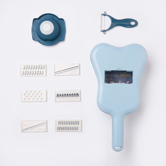 6-in-1 Multi-Function Vegetable Slicer Cutter Ukulele Shape Vegetables Julienne Slicer with Drain Basket Fruit Peeler and Blade Blue 33.3x17.5x9.4cm