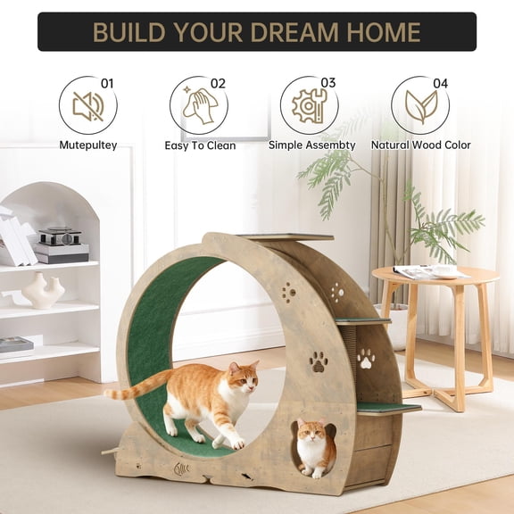 6-in-1 Multi-Functional Indoor Cat Exercise Wheel & Cat Tree, Standard Size, Natural Tone, Pet Fitness Scratching Furniture
