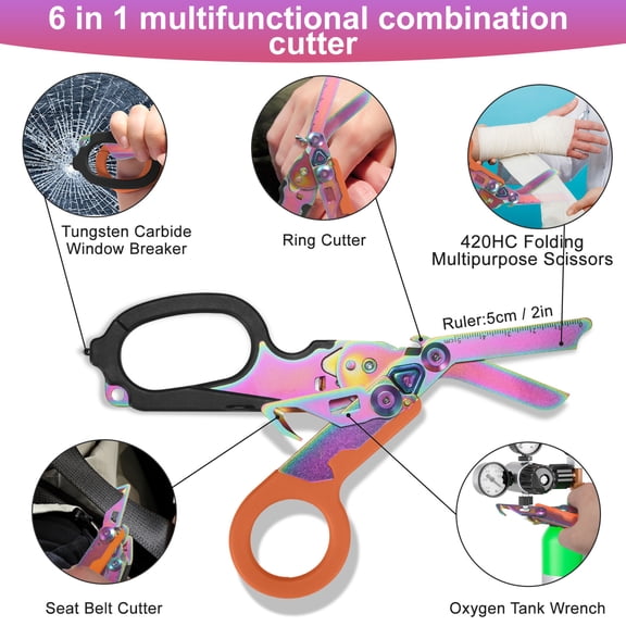 6 in 1 Multi Tool Scissors, Folding Rescue Shears with Window Breaker, Seatbelt Cutter, Ring Cutter, Oxygen Wrench, EDC Survival Gear