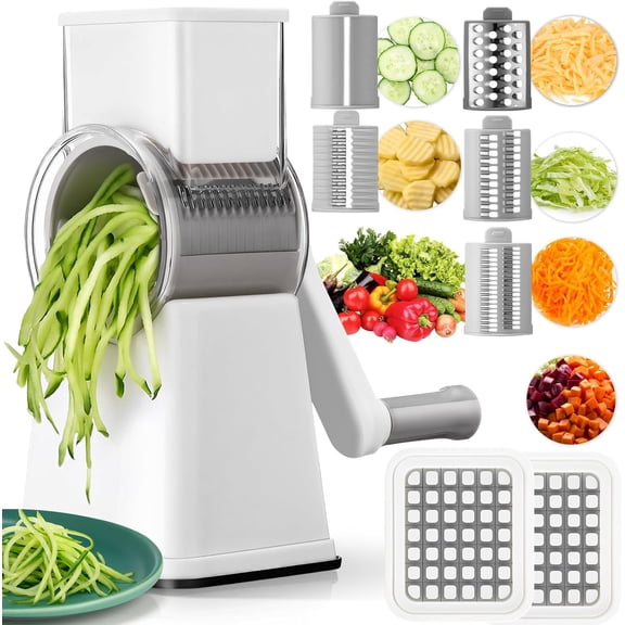 6-in-1 Multifunctional Rotary Cheese Grater with 11 Blades Dice Shred Slice Vegetable Chopper with Suction Base 360 Rotating Handle Safety Push Cup Multi Food Slicer Dicer for Kitchen(White)