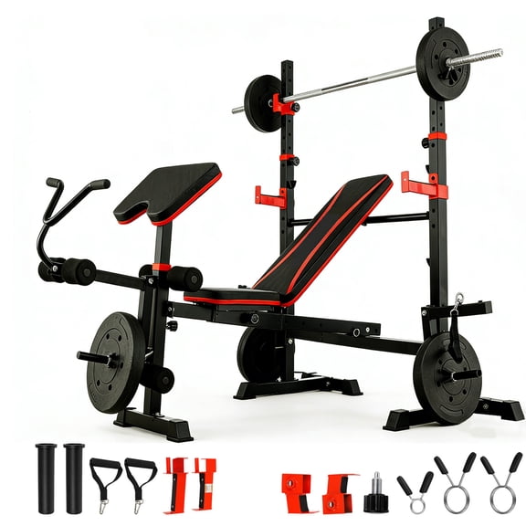 6 in 1 Olympic Weight Bench Set , Adjustable Bench Press with Squat Stand and Leg Developer for Home Gym Full Body Workout