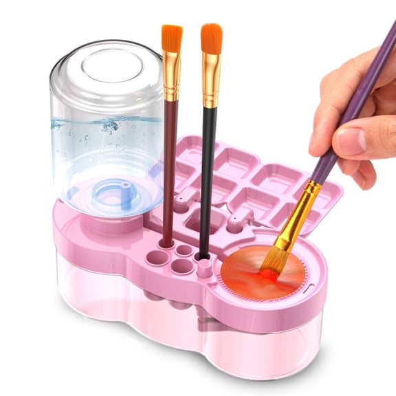 6-in-1 Paint Brush Cleaner with Palette, One-Touch Cleaning, 400mL Refill & 500mL Waste Tank, Portable Art Brush Washer for All Water-Based Paints,Pink