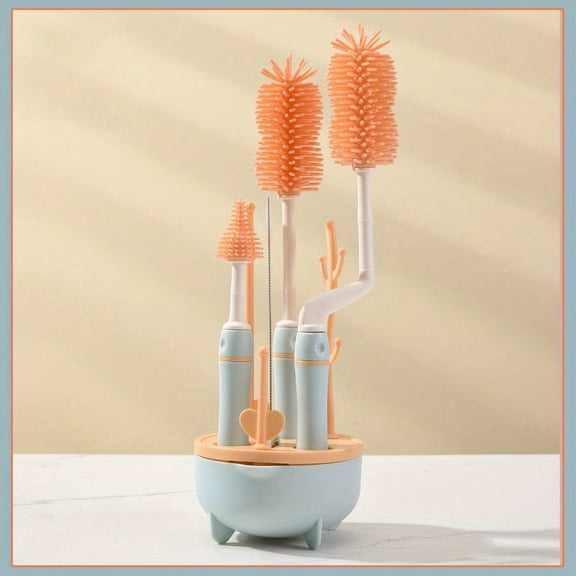 6-in-1 Portable Baby Bottle Cleaning Set with Drying Rack, 2 Silicone Brushes, Shell Brush, and Storage Box