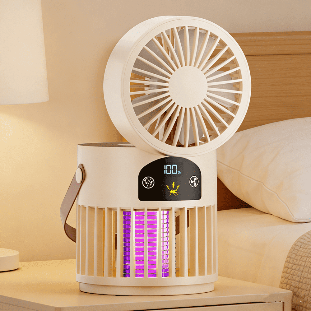 6-in-1 Portable Mosquito Killer Fan with 5 Wind Speeds, Multifunctional for Outdoor Camping & Home Use（Cream）