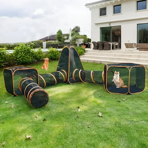 6-in-1 Portable Outdoor Cat Enclosure Tent with Tunnel - Collapsible Pop-Up Mesh Playpen for Indoor/Outdoor Use, Durable PE Material, Multiple Configurations for Kittens & Small Pets