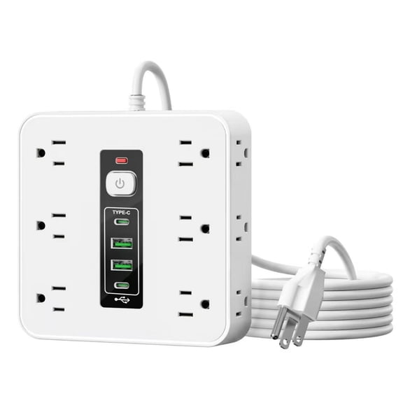 6-in-1 Power Strip , 16 Outlets 2 USB 2 Type C Ports for Home Office, White