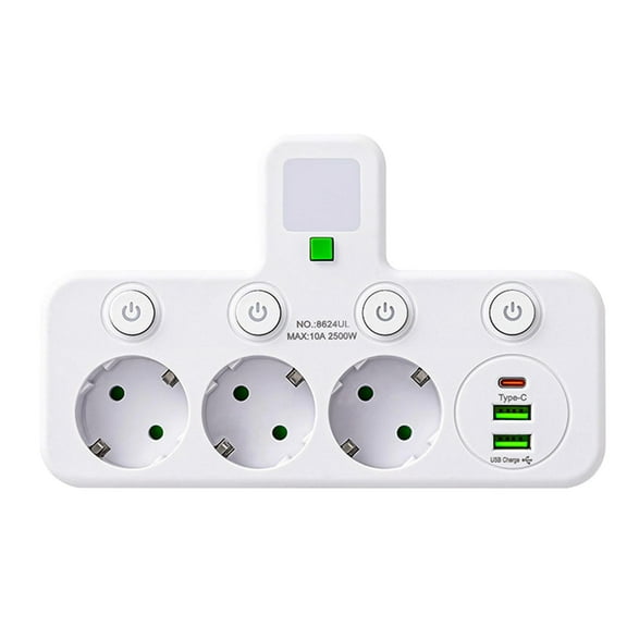 6-in-1 Power Strip with 3 USB Charging Ports Including Dual Type-C, Independent Switches Night Light and Surge Protection for Phones Laptops and Household Electronics on Desk