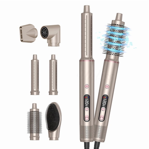 6-in-1 Professional Hair Styler & Dryer Kit for Salon Blowouts, High-Velocity Airflow System with Interchangeable Heads for Curling, Smoothing, and Volumizing, Champagne Gold