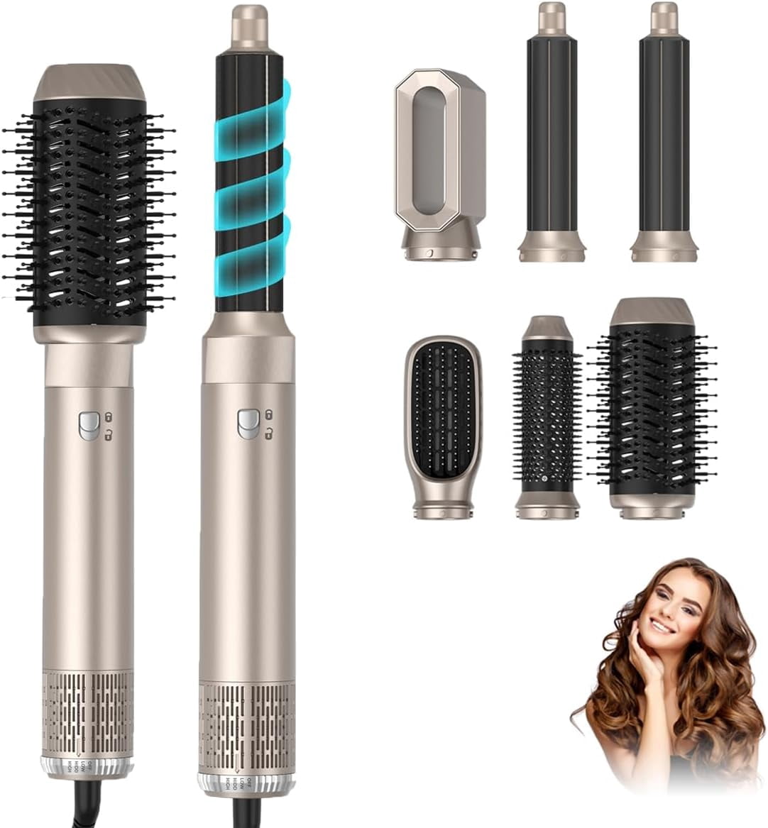 6-in-1 Professional Hot Air Styler Kit - Complete Hair Dryer Brush Set with Negative Ions, Auto-Curlers & Smoothing Brushes for All Hair Types (Black)