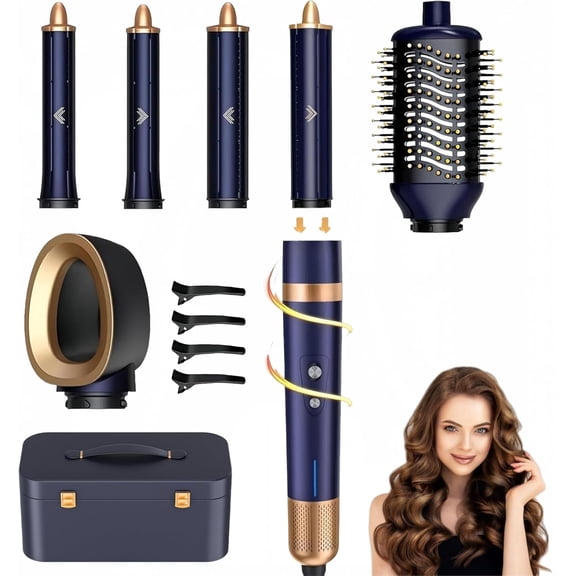 6-in-1 Professional Hot Air Styler Kit, Complete Hair Dryer Brush System with Auto-Wrap Curlers & Volumizing Brushes, Includes Leather Case