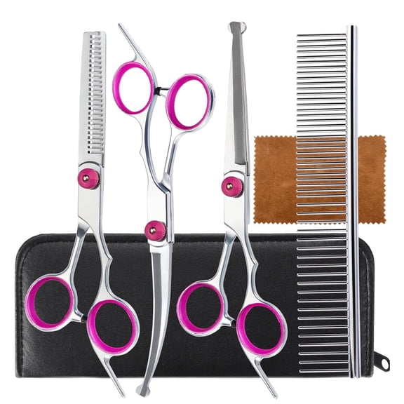 6-in-1 Professional Pet Grooming Scissors Set (Safe Rounded Tips/Stainless Steel/Thinning Scissors) - Suitable for Dogs and Cats - Pink