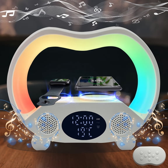 6-in-1 RGB Night Light Wireless Speaker, Alarm Clock, Wireless Charger for Phone & Watch with Temperature Display, Bedroom Decor Teen Gift for Halloween Christmas