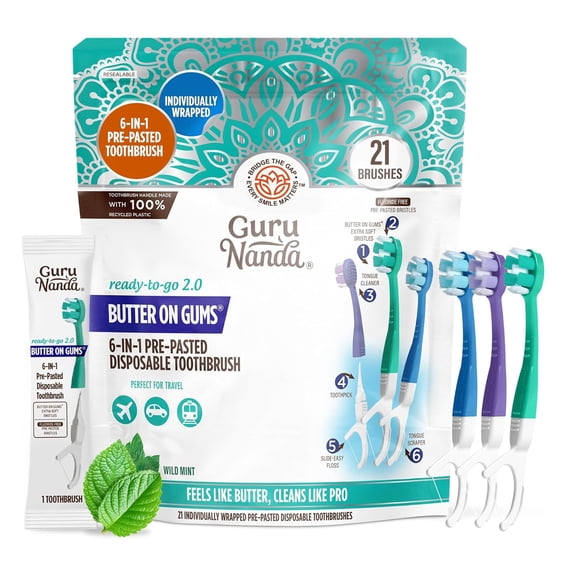6-in-1 Ready-to-Go Disposable Toothbrush, Pre-Pasted Butter on s Softex Bristles, Floss & Toothpick, Tongue & Cheek Cleaner, Individually Wrapped & TSA Friendly, 21 Ct