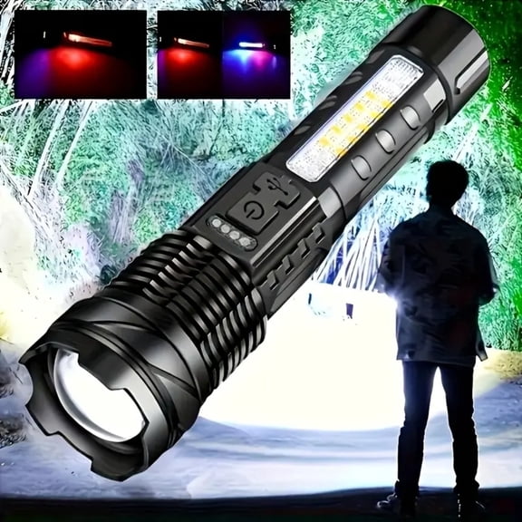 6-in-1 Rechargeable Flashlight, USB-C Zoomable LED Flashlight with 200m Beam, 6 Light Modes, COB Side Lights, Power Display, Portable for Camping Emergency