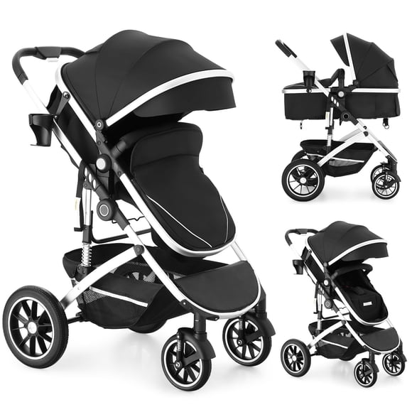 6 in 1 Reversible Baby Stroller w/Detachable Tray, Convert to Newborn Pram, Folding Infant Carriage for Toddler, Aluminum Alloy, Black