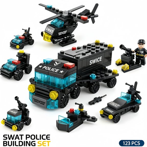 6 in 1 SWAT Police Building Block Set 123 Pieces Transformable Tactical Patrol Truck Interlocking Construction Bricks Model Kit