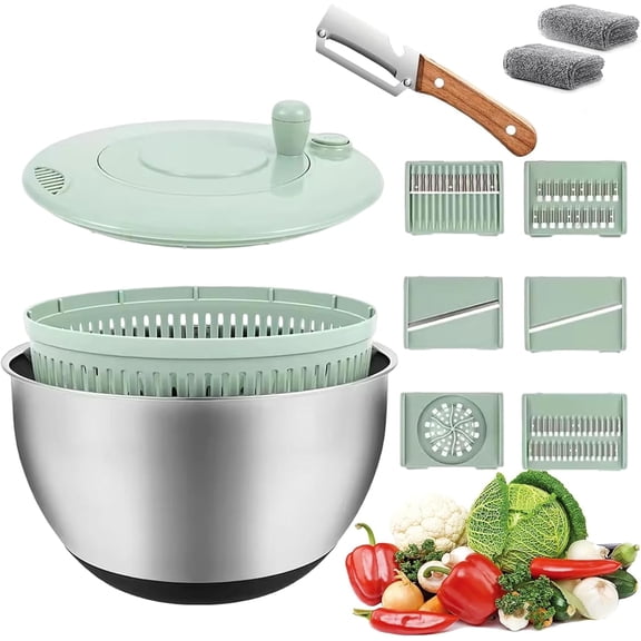 6-in-1 Salad Spinner Vegetable Chopper with 5 Blades One-Hand Pump