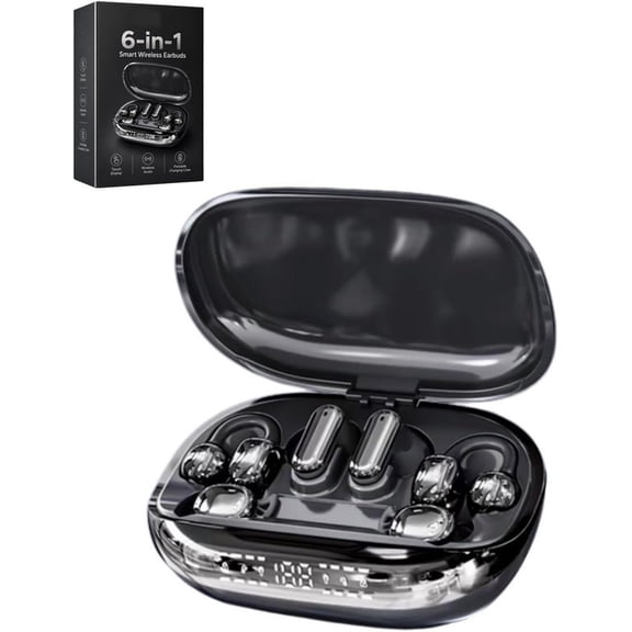 6-in-1 Smart Wireless Earbuds Open-Ear Clip-On & Mini Sleep Headphones | Bluetooth 6.0 Dual Chip with Case AI ENC Noise Cancellation 3D Spatial Surround Sound LED Display for Workout Travel
