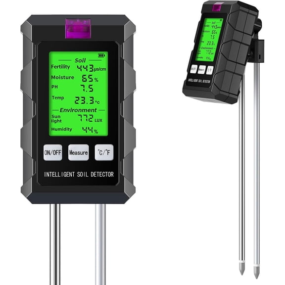 6-in-1 Soil Moisture Meter/Soil Moisture/Meter/Temperature/Sunlight/Fertility/Environmental Soil Tester for Farming, Gardening, Lawns and Outdoor Plants (2* Battery Needed)