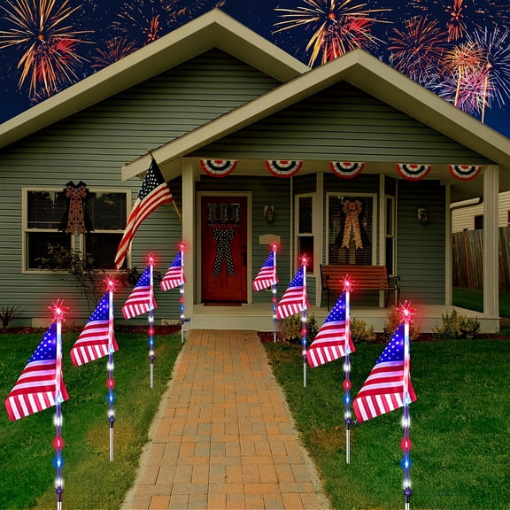 6-in-1 Solar Flag Lights  8 Lighting Modes, Red White & Blue Patriotic Decor for Independence Day  Waterproof Garden, Yard & Pathway Lights  Perfect for Memorial Day, July 4th & National Holidays