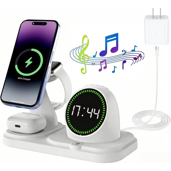 6-in-1 Station with 30W Adapter, Blue- Speaker, Auto-Sync Clock & RGB Night Light, Compatible with 12-17/AirPods/ Watch and Select Android (Qi + Required)