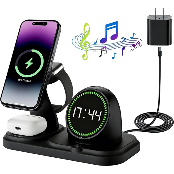 6-in-1 Station with 30W Adapter, RGB Ambient Light, Digital Clock & Speaker, Multi-Function Desktop Charger for Phones, Earbuds & Watch