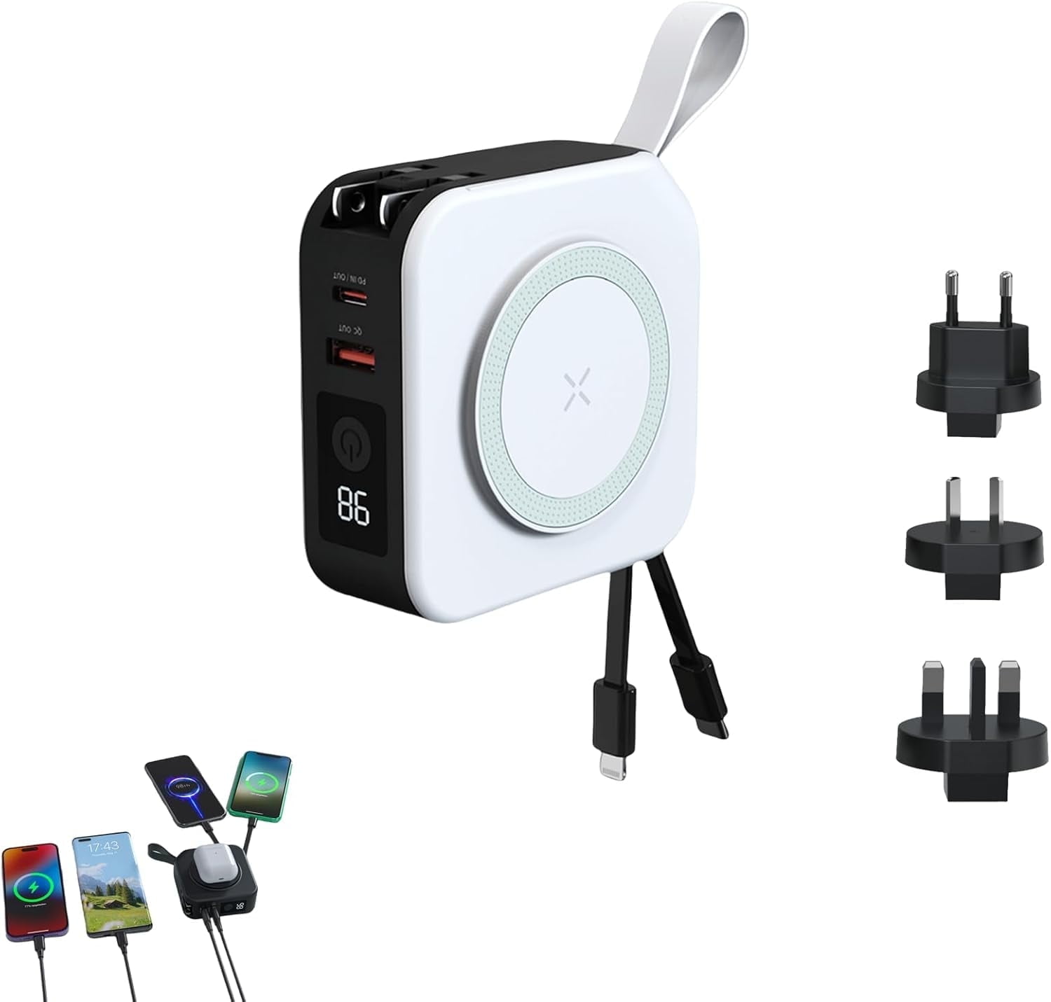 6 in 1 Super Charger Wireless Charging World Travel Charger and Adaptor 10000mah Power Bank - White