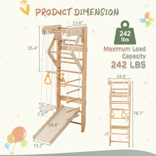 6-in-1 Swedish Ladder Wall Gym, Indoor Kids Playground with Swing, Rope Ladder, Pull-Up Bar, Slide, Gymnastic Rings, Wooden Wall Mounted Indoor Play Set for Kids & Adults
