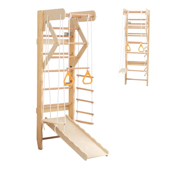 6-in-1 Swedish Ladder Wall Gym, Indoor Playground with Swing, Rope Ladder, Pull-Up Bar, Slide, Gymnastic Rings, Wooden Wall Mounted Indoor Play Set