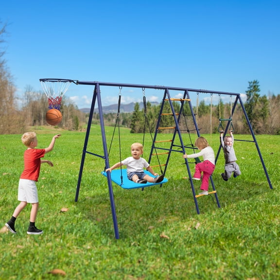 6 in 1 Swing Set with Climbing Ladder, Climbing Net, Trapeze bar, Hammock Swing, Belt Swing, Basketball Hoop, for kids Play Game Backyard