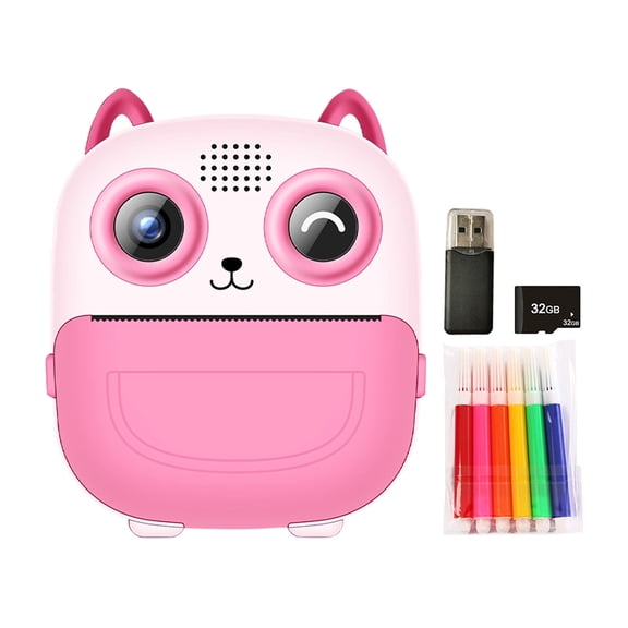 6-in-1 Thermal Print Camera, 2.4" IPS HD Digital Camcorder, Inkless Photo Printer with 32GB Card (Pink 32GB)