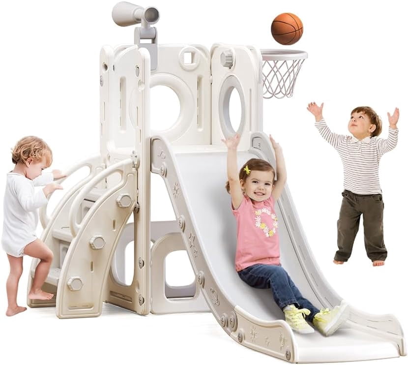 6 in 1 Toddler Playset with Slide, Kids Slide with Basketball Hoop, Ball, Ring Toss, Indoor Outdoor Toys White