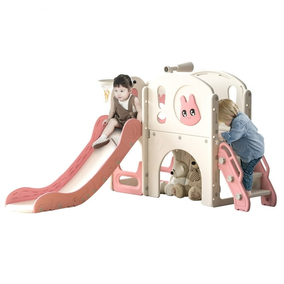 Nyeekoy 8 in 1 Toddler Slide, Kid Slide Freestanding, for Age 1-3, with Basketball Hoop and Telescope, Indoor Outdoor Pink