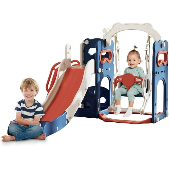 6-in-1 Toddler Slide Playground Set with Swing, Kids Slide with Climber,Basketball Hoop, Telescope and Storage Space, Slide for Toddlers Outdoor & Indoor Playground