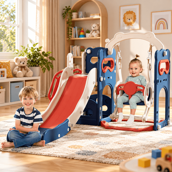 Gitawusa 6-in-1 Toddler Playground Set with Adjustable Swing, Climber, Basketball Hoop, Telescope & Storage for Indoor and Outdoor Use