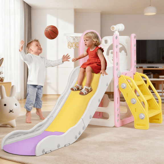 6 in 1 Toddler Slide, Sturdy Kid Slide Outdoor Indoor Playset Slide Baby Climber Playset Slide for Kids for Age 1-4 Toy Playground