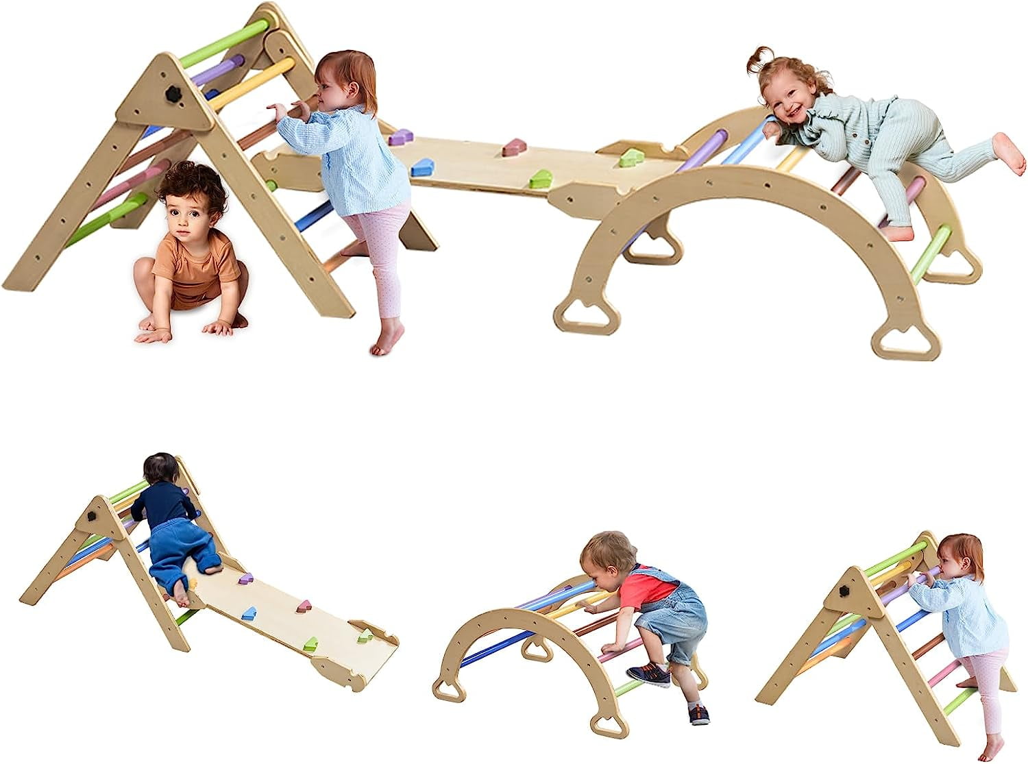 Wanan 6in1 Wooden Triangle Toddler Climbing Toys, Indoor and Outdoor